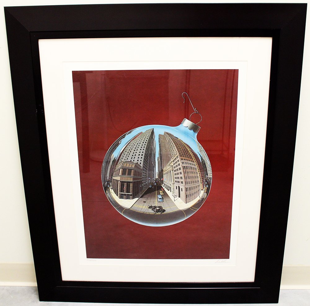 DAVID MANN FISHEYE VIEW OF WALL STREET LITHOGRAPH: David Mann (1940-2004) Lithograph "Fisheye View of Wall Street" pencil signed and numbered 770/1000. 39 3/4" x 33 1/2" with frame.