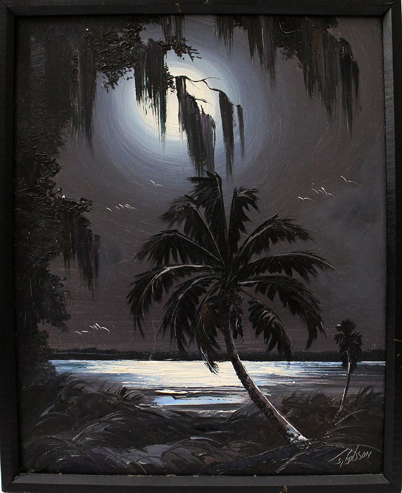 JAMES GIBSON HIGHWAYMEN PAINTING: James Gibson (b.1938) Highwaymen painting of a moonlit Florida river scene with palm trees and Spanish moss. 20" x 16" on board 21" x 17" with frame.