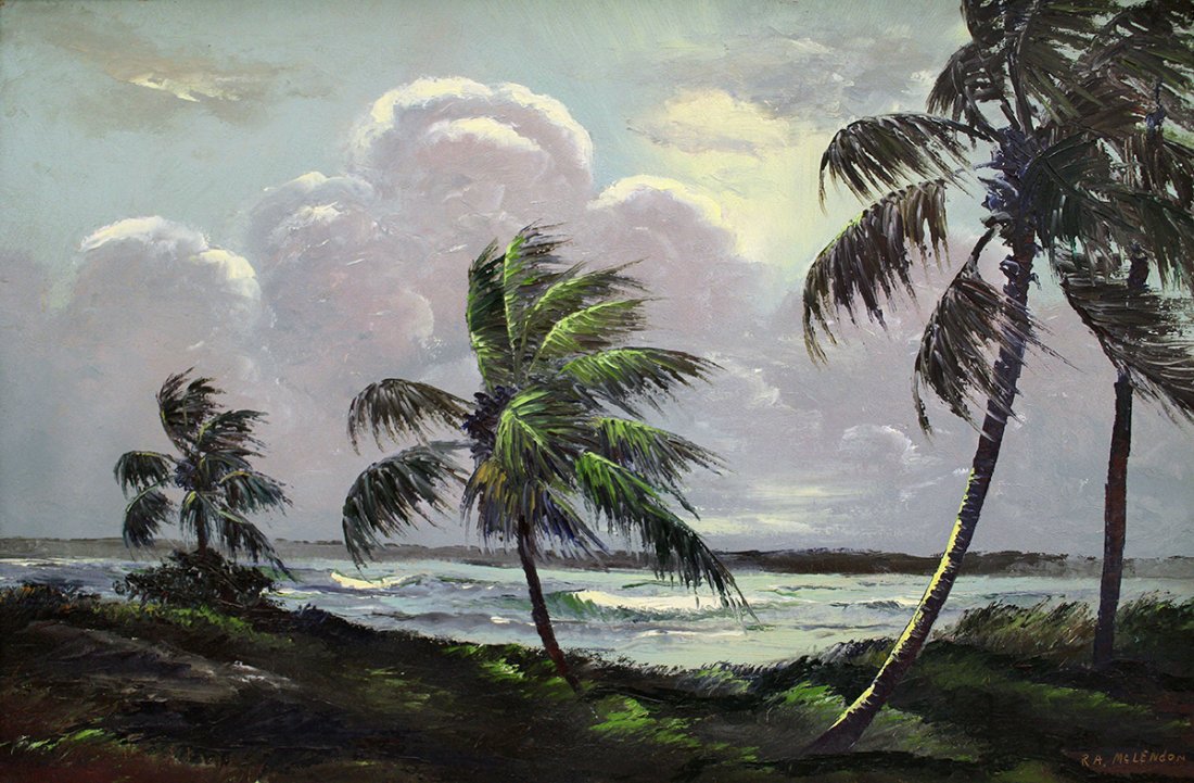ROY MCLENDON HIGHWAYMEN PAINTING: Roy Mclendon (b.1932) Highwaymen painting of a breezy Florida Indian River scene with palm trees. 36" x 24" on upson and 39 1/2" x 27 1/2" with frame.