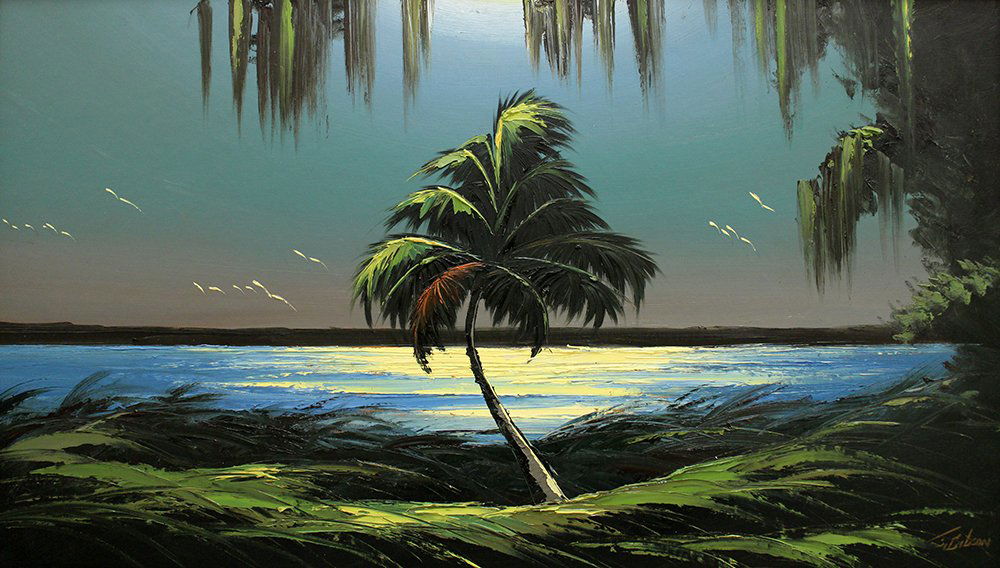 JAMES GIBSON HIGHWAYMEN PAINTING: James Gibson (b.1938) Highwaymen painting of a Florida moonlit river scene with hanging Spanish moss and palm tree. 36" x 20 1/2" (sight) on upson and 38" x 22" with frame.