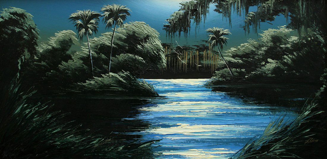 JAMES GIBSON HIGHWAYMEN PAINTING: James Gibson (b.1938) Highwaymen painting of a Florida moonlit St. Lucie river scene with vibrant blue & green colors. "Sofa Size" measures 48" x 24" on upson.