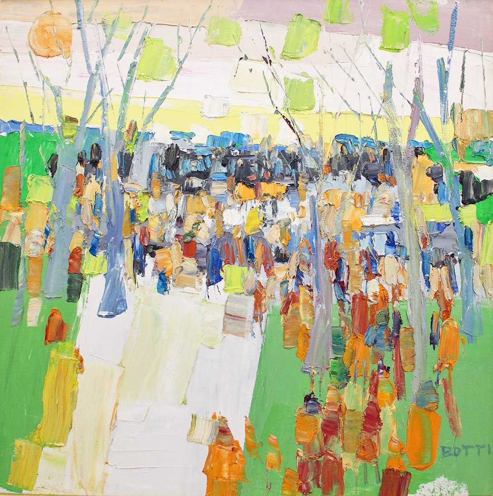 ITALO BOTTI PAINTING: Italo George Botti (1923-2003) Colorful Impressionist oil on canvas painting. Signed lower right. 36" x 36" and 37" x 37" with frame.