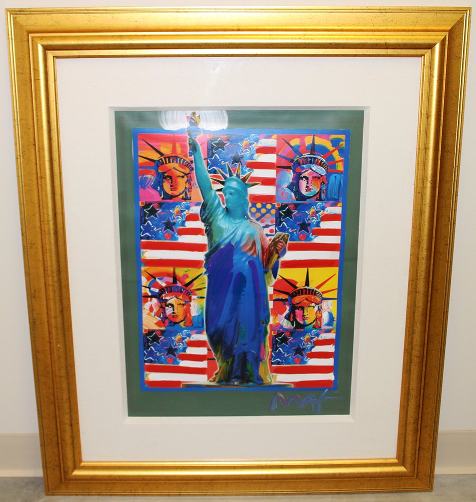 PETER MAX GOD BLESS AMERICA PAINTING: Peter Max (b.1937) Pop art mixed media with acrylic painting and color lithography on paper titled "God Bless America." Statue of Liberty with American Flag. Signed in acrylic. 24" x 18" and 31.5" x 3