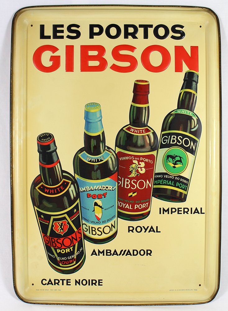 LES PORTOS GIBSON SIGN: Les Portos Gibson Brussels Port Wine liquor sign. 19 1/2" x 13 1/2"