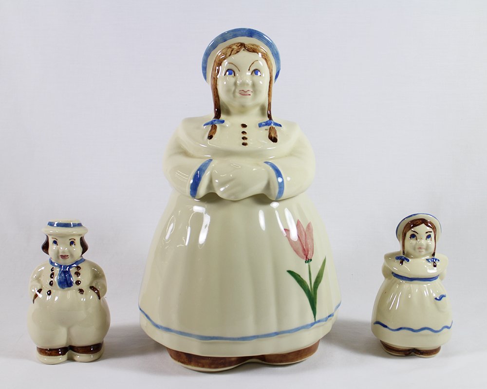 SHAWNEE DUTCH GIRL COOKIE JAR & SHAKERS: Shawnee pottery "Dutch Girl" 12" tall cookie jar with salt & pepper shakers.