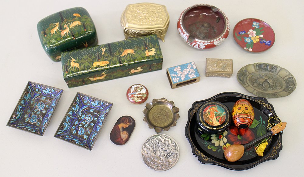 CLOISONNE, RUSSIAN BOXES, & MORE: Assorted Chinese cloisonne, Russian & Kashmire painted boxes, jewelry caskets, Prudential Advertising, & more.