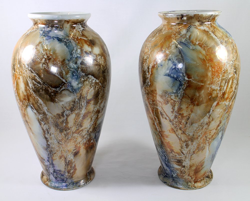 (2) 1920's AKTIEFABRIK FINLAND LUSTRE VASES: Pair of multicolored porcelain vases with marble style design. 14 1/2" tall.