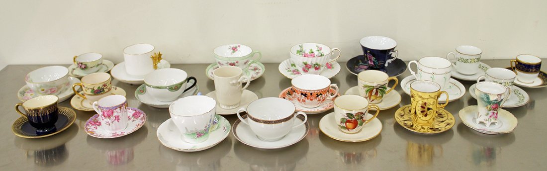 (22) TEACUPS & SAUCERS: Collection of (22) tea cups & saucers including Haviland, Spode, Steuben Cobalt, Belleek Dragon handle, Lenox, RS Prussia, & more.