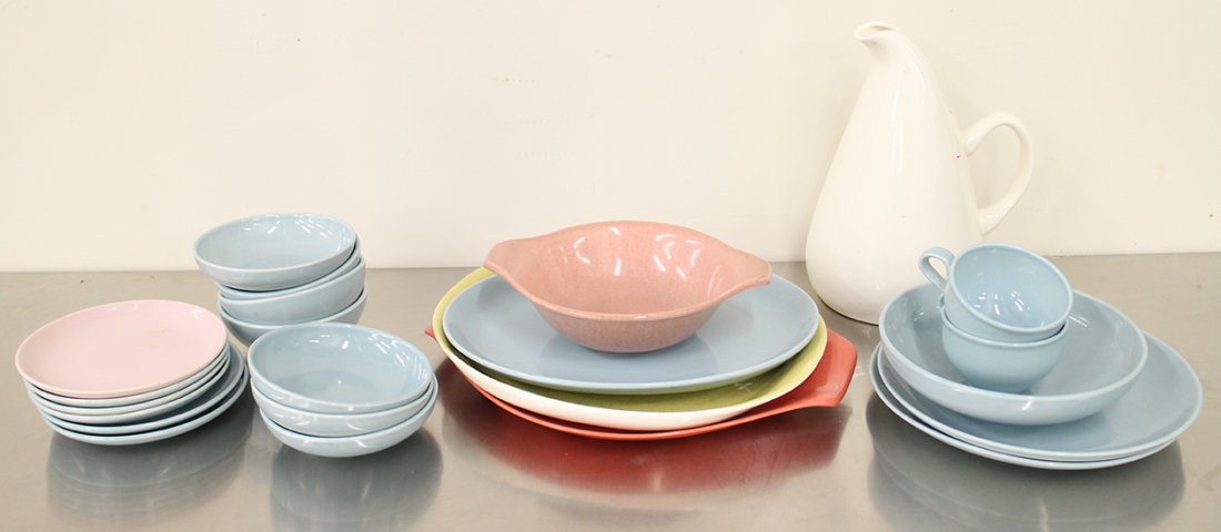 VINTAGE RUSSEL WRIGHT CHINA: Collection of dishes to include a pitcher, platters, plates, bowls, and cups.