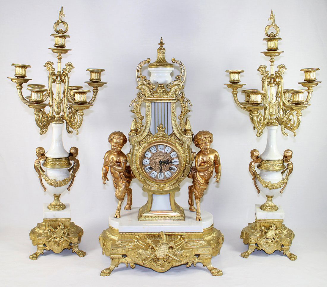 GOLD GILT CLOCK & GARNITURE SET (1 of 6)