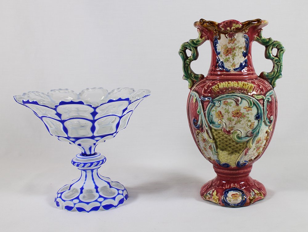 MAJOLICA VASE & CUT TO CLEAR COMPOTE (1 of 4)