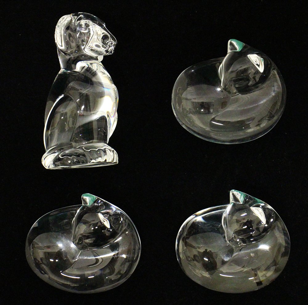 STEUBEN CATS & DOG: (3) Steuben crystal cat hand coolers and dog figurine.