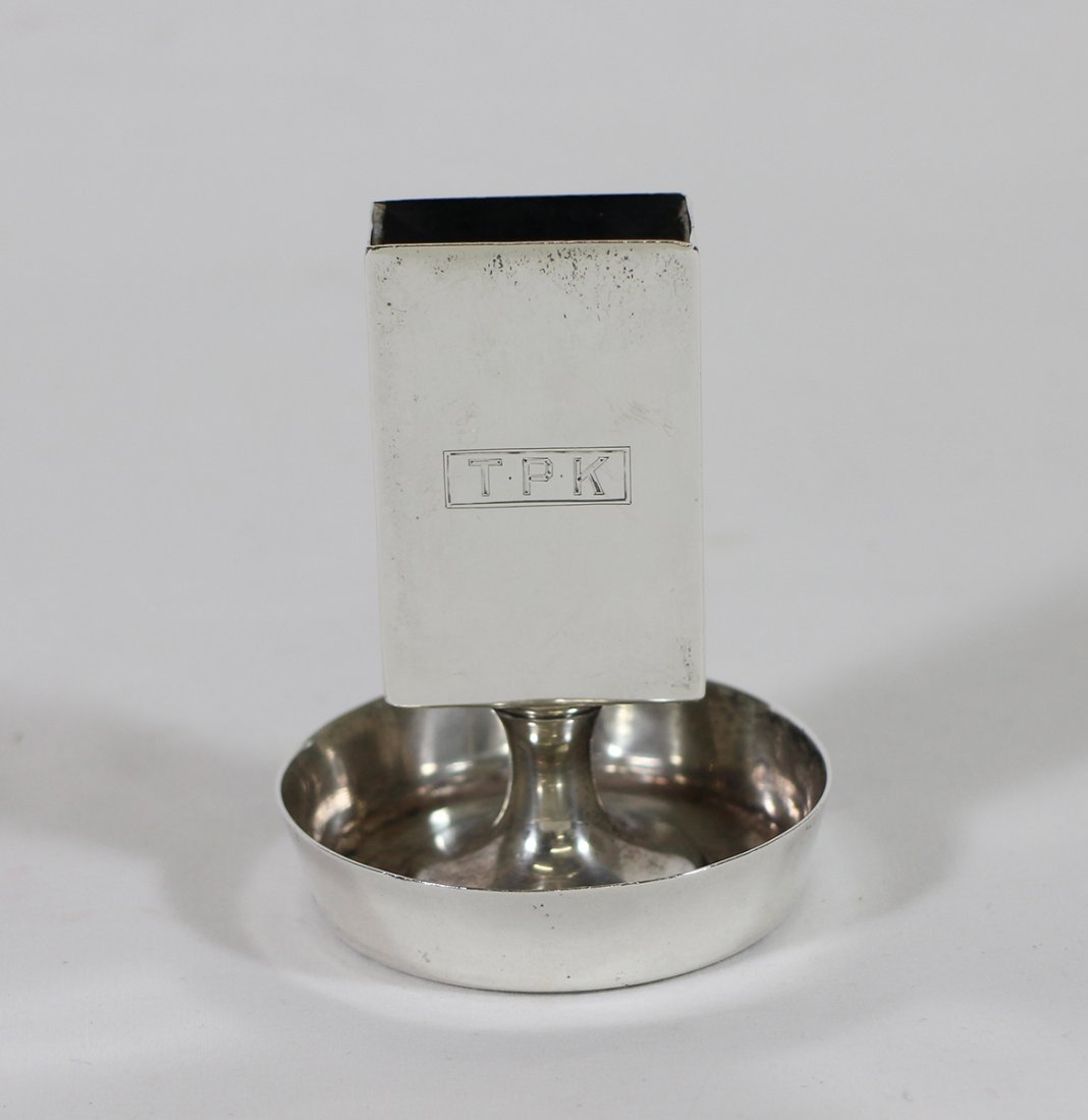 STERLING MATCH HOLDER & ASHTRAY: Vintage sterling silver match holder and ashtray. 3 1/2" tall, weighs 3.11 OZT.
