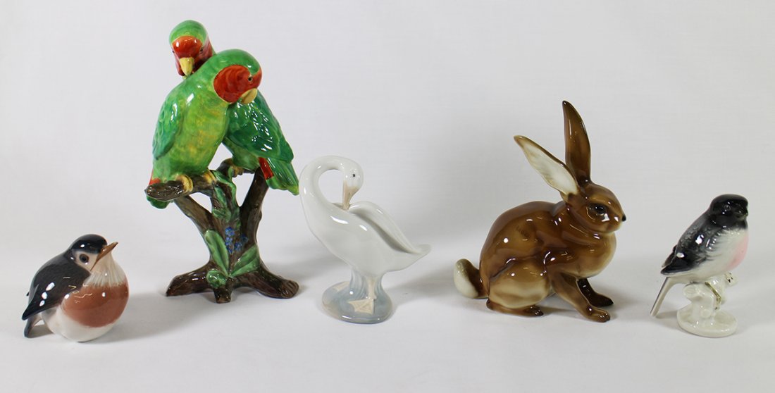 BIRD & RABBIT FIGURINES: Lladro Swan, Spode Copeland, Royal Copenhagen (chip/repair to beak), Hutschenreuther rabbit.