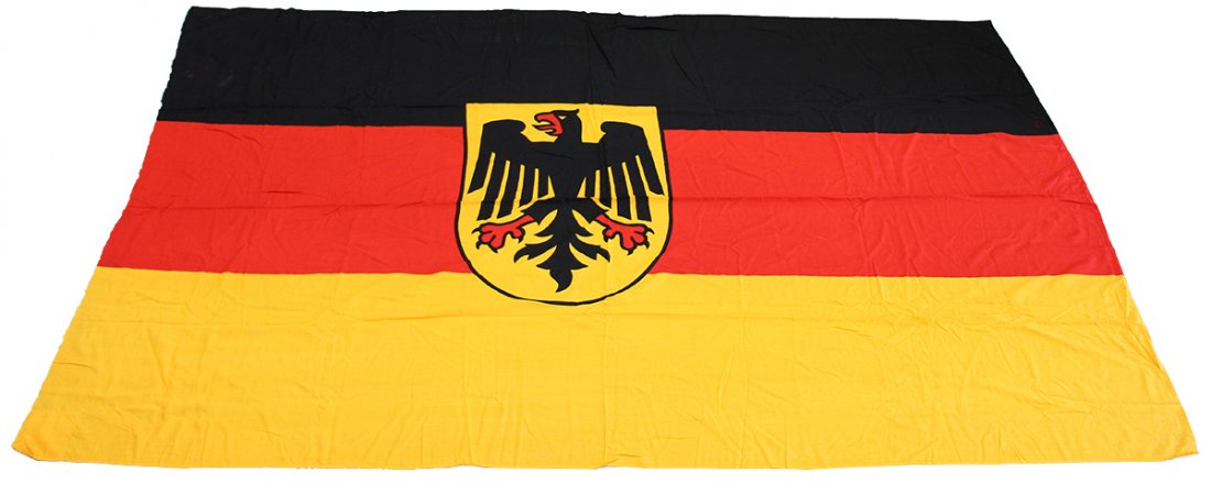 10' x 6' NATIONAL WAR FLAG OF GERMANY: Large variant flag of Germany with red, black, yellow stripes and eagle coat of arms Bundesschild. 10' 7" x 6' 4" Bundesdienstflagge und Dienstflagge der Landstreitkräfte der Bundeswehr