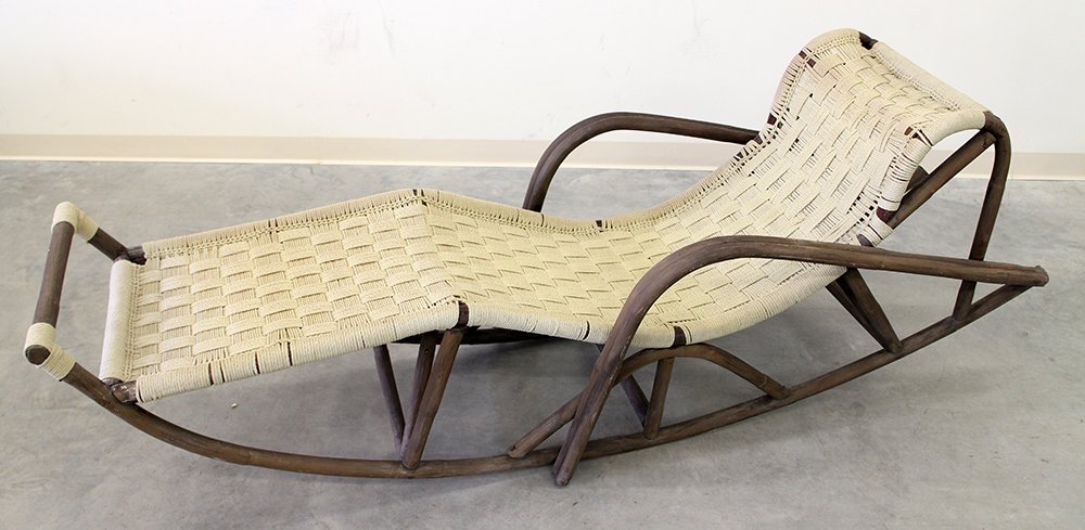 ROCKER LOUNGE CHAIR: Rocking lounge chair, wood with woven fabric. 87" long 20" wide.
