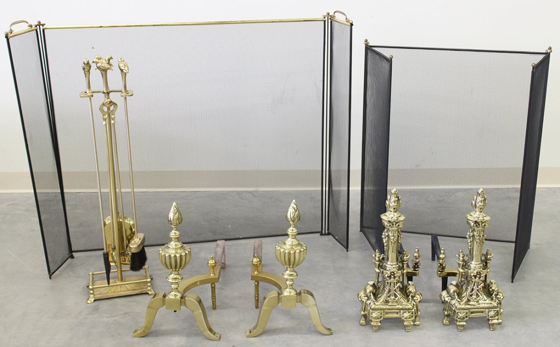FIREPLACE ANDIRONS, SCREENS, & TOOLS: Two pairs of fireplace andirons, two screens, and fireplace tools with bird handles.