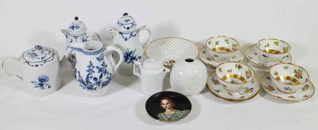 KPM, MEISSEN, & MORE: KPM reticulated bowl, Meissen teapot, Rouen R. Briggs & Co Boston teacups and saucers, a KPM Royal Acadia vase and a Maria de Medici portrait plate. German blue & white porcelain teapot & creamer. Blu