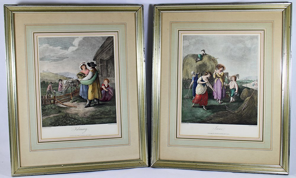 (2) W. HAMILTON COLORED ENGRAVINGS: June and February W. Hamilton F. Bartolozzi published by John & Josiah Boydell, London. 21 3/4" x 17 3/4" with frames.