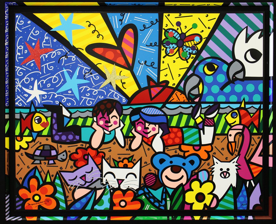 ROMERO BRITTO IN THE PARK SERIGRAPH: Romero Britto (b.1963) "In the Park" serigraph in color on gesso board embellished with glitter. Signed lower left, numbered lower right 33/128. Colorful pop art with children, birds, bears, & assorte