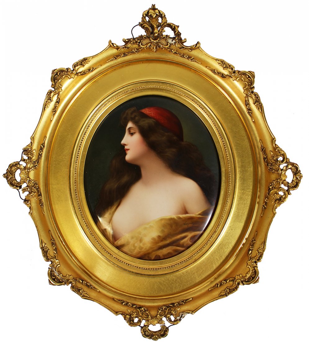 KPM PORCELAIN PORTRAIT PAINTING - GITANA: KPM painted porcelain portrait plaque of young woman. Signed lower right Wagner. Una Gitana after Angelo Asti. Impressed KPM mark on back. Joseph Horne Artist Framing label on verso. 10.5" x 8.5" (Fra