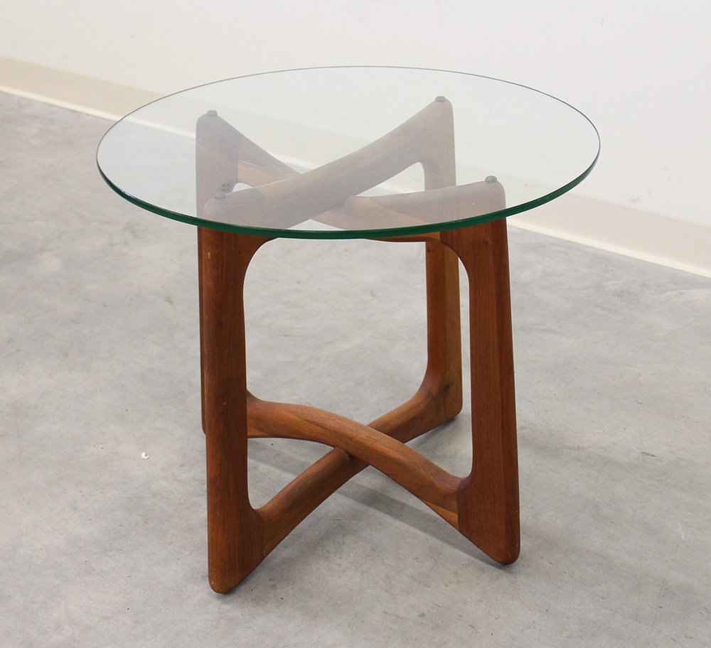 MID CENTURY END TABLE: Adrian Pearsall style Mid Century teak w/ glass top side table. 20 3/4" tall 24" wide.