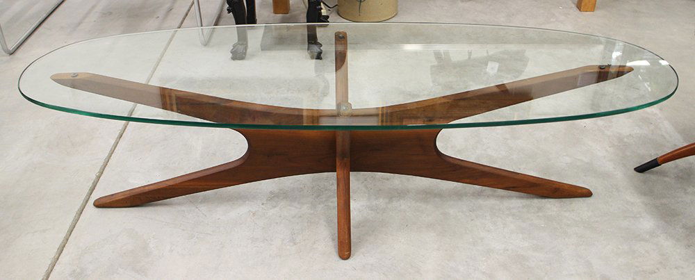 MID CENTURY COFFEE TABLE: Adrian Pearsall jacks style Mid Century Modern teak w/ glass top coffee table. 59 1/4" x 19 1/2" wide 15 1/2" tall.