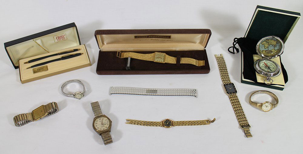 VINTAGE WATCHES, COMPASS, & CROSS PEN SET: Jules Jurgensen w/ box, Bulova automatic set-o-matic, Seiko, Citizen, Hamilton watches, Dalvey Compass, and a boxed Cross pen & pencil set.