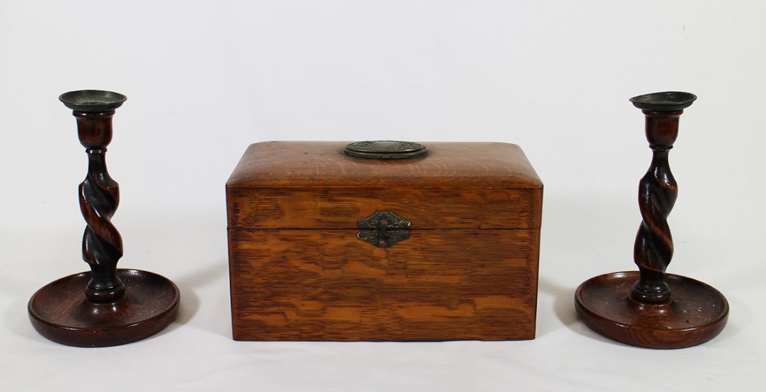 ANTIQUE WOOD BOX & CANDLESTICKS (1 of 5)
