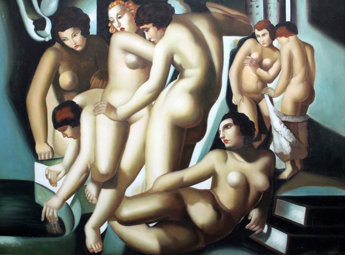 ART DECO STYLE PAINTING: Art Deco style painting on canvas of seven nude women bathing. In the manner of Tamera De Lempicka. Unsigned. 47" x 37 1/2" with frame.
