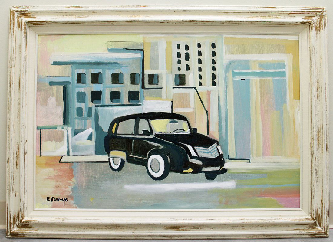 RODNEY DEMPS HIGHWAYMEN PAINTING: Rodney Demps Florida Highwaymen painting on masonite of a car front of the Supreme Court Building in Washington, D.C. after 9/11. 36" X 24" on board and 43" x 31" w/ frame.