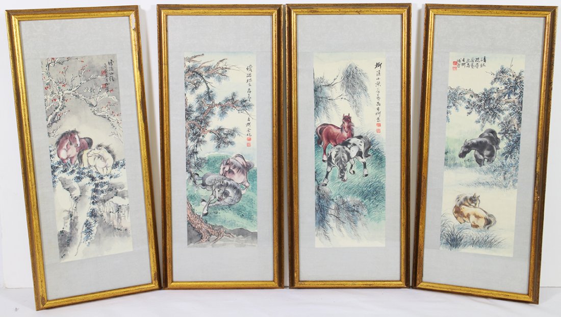 (4) CHINESE HORSE PAINTINGS: Signed horse watercolor paintings. Framed 18" x 8"
