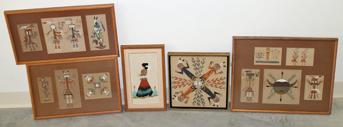 NAVAJO SAND PAINTINGS: Signed with information on reverse. 21" x 17" to 13" x 13" w/ frames.