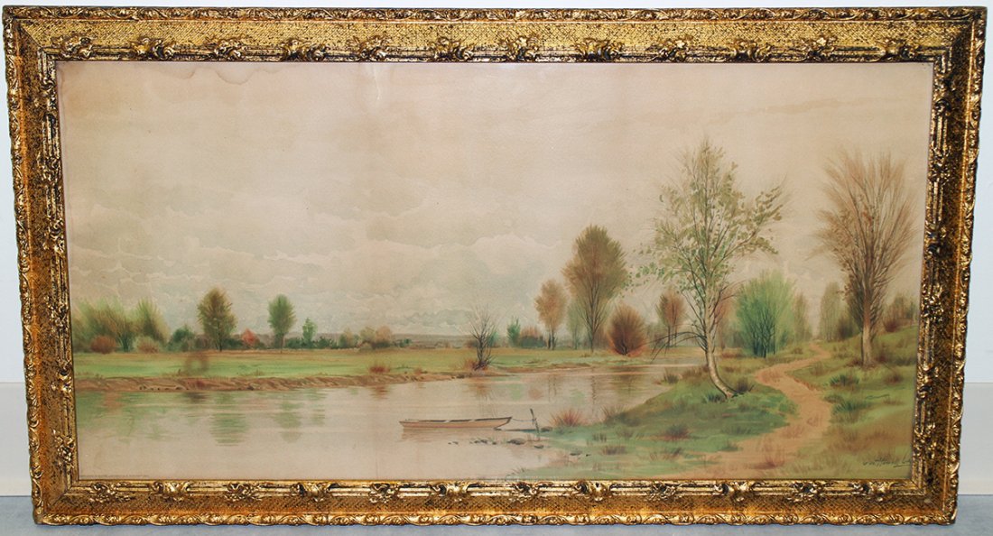 GEORGE HOWELL GAY PAINTING: George Howell Gay (1858-1931) Watercolor painting of a river landscape with boat tied to pole Signed lower right. Some water damage & spots. 30.75 x 17.25" with frame.