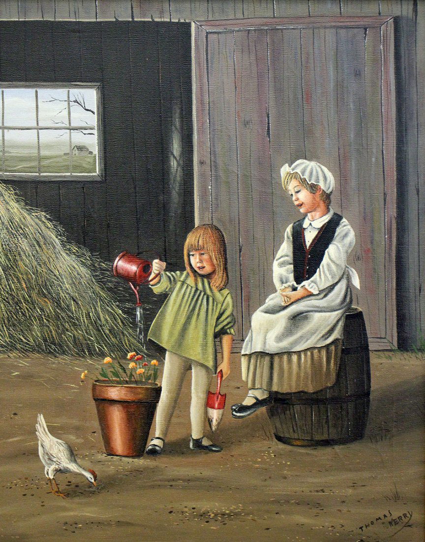 THOMAS KERRY PAINTING: Thomas Kerry painting of a farm scene with mother and child, child watering flowers with chicken, barn with hay in background. 20" x 16" on canvas and 28 1/2" x 24 1/4" w/ frame.