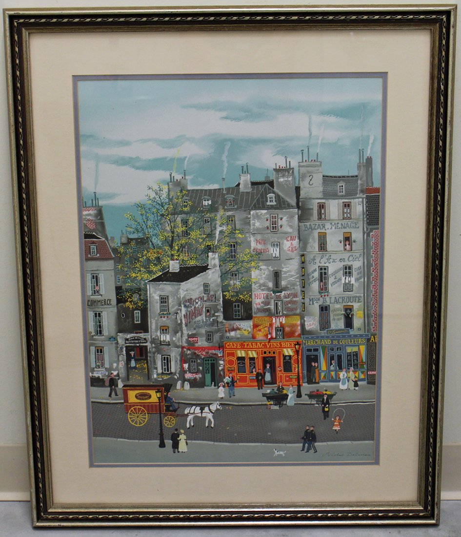 MICHEL DELACROIX LITHOGRAPH: Michel Delacroix street scene lithograph. 32.5" x 26.25" w/ frame.