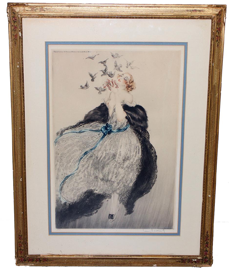 LOUIS ICART ETCHING: Louis Icart (1880-1950) Pencil signed etching of a semi nude woman with birds. Copyright 1924 top left, numbered lower left. 25.5" x 19.25" w/ frame.