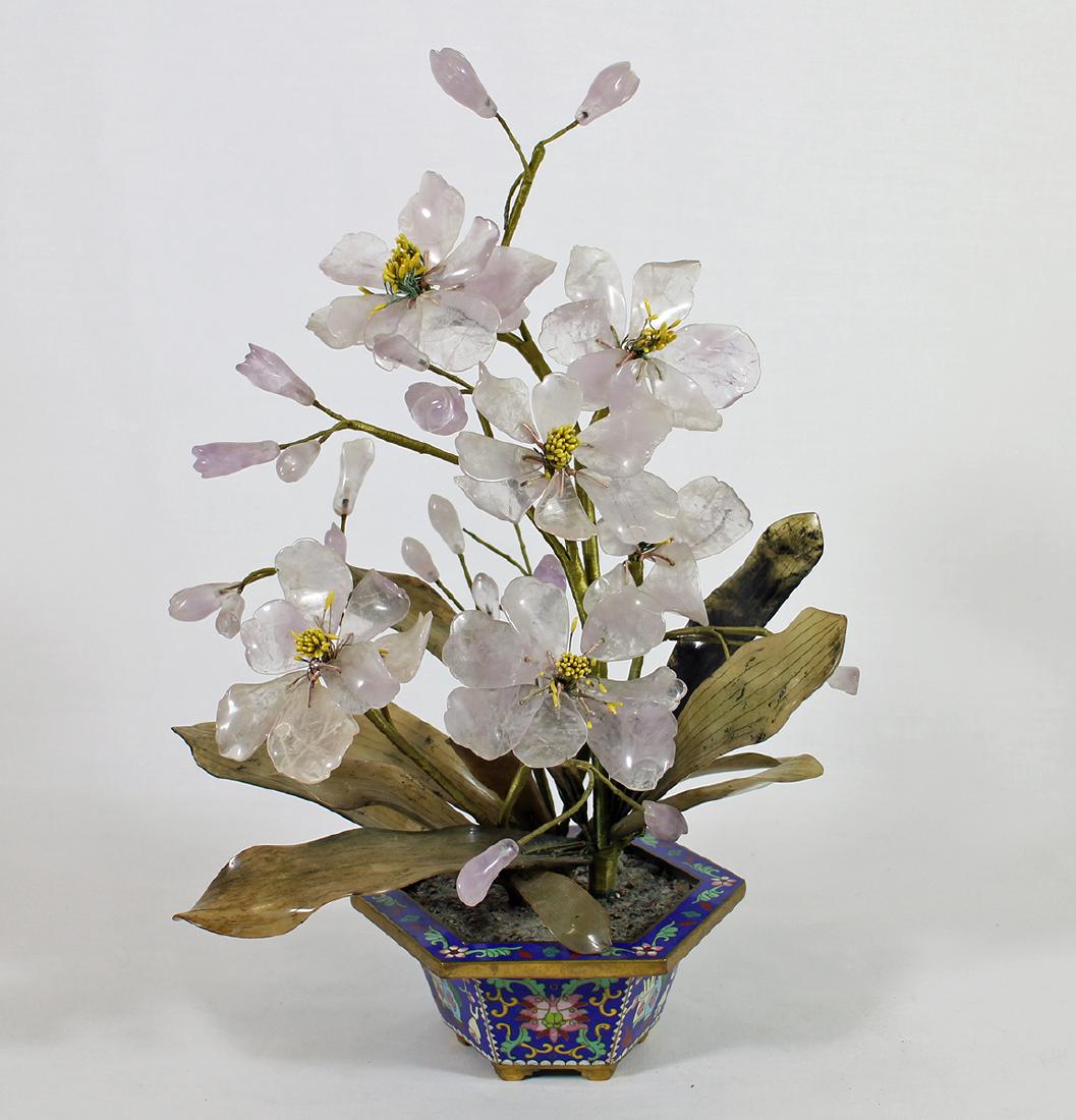 CHINESE ROSE QUARTZ TREE IN CLOISONNE PLANTER (1 of 3)