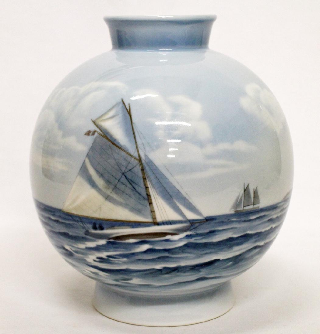 BING & GRONDAHL SAILBOAT VASE: Bing & Grondahl Denmark porcelain vase with sailboats. 9.5" tall.