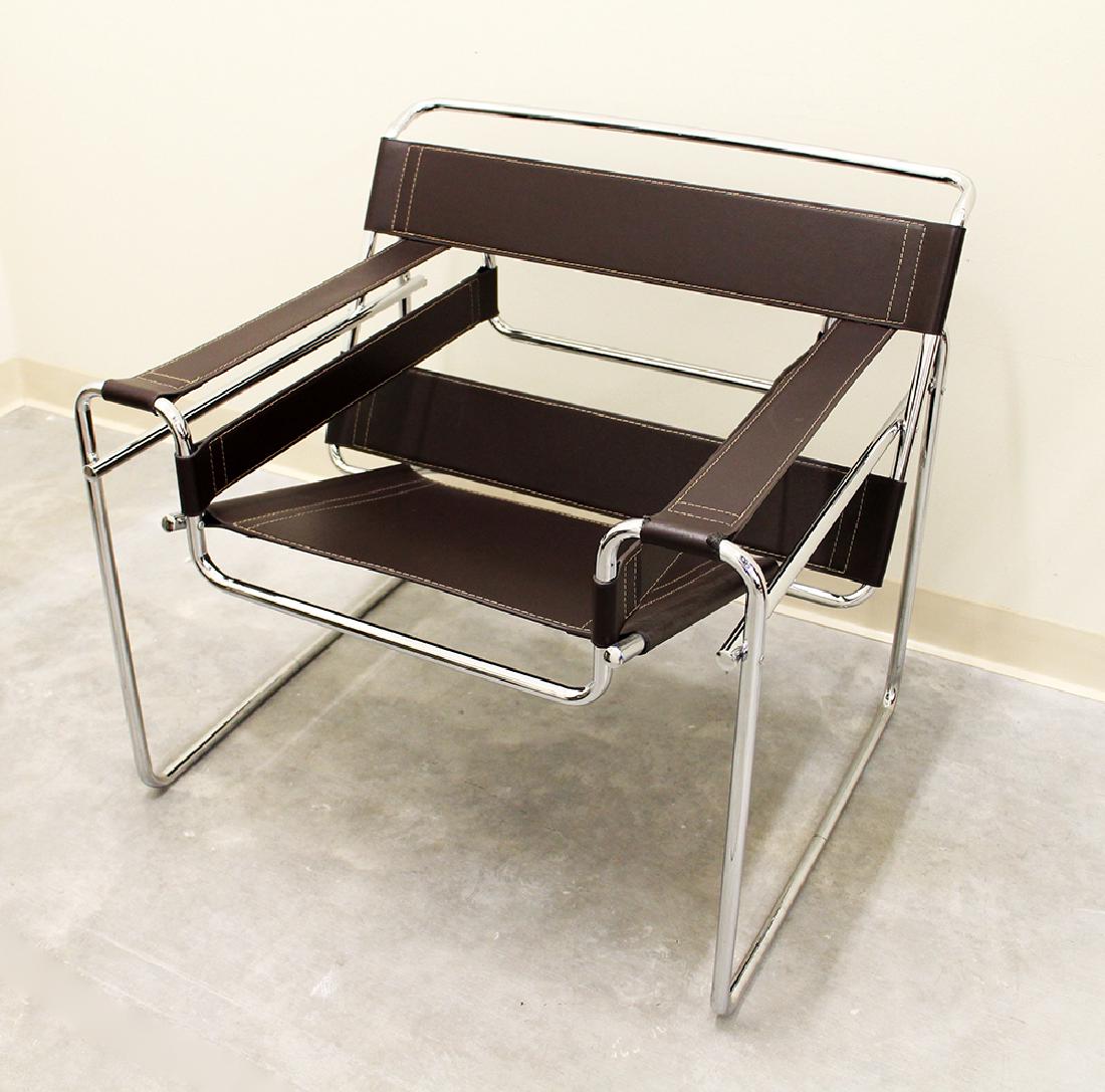 WASSILY CHAIR: Chrome & brown Wassily style chair. Unmarked. Measures 29" tall 30" wide 28" deep. Some wear to one arm.