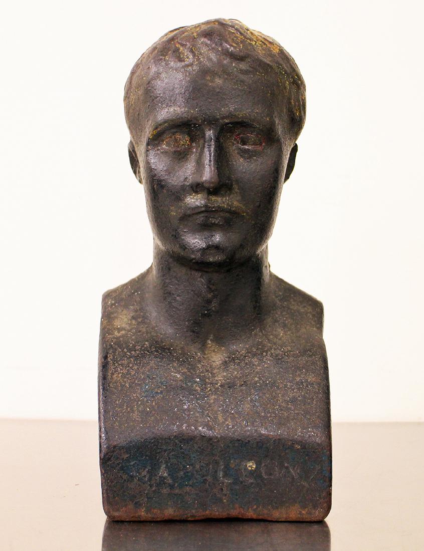 NAPOLEON BONAPARTE BUST: Solid iron bust of Napoleon. Probably after Antonio Canova. Rare design of Napoleon without hat. 12" tall, weighs 50 lbs.