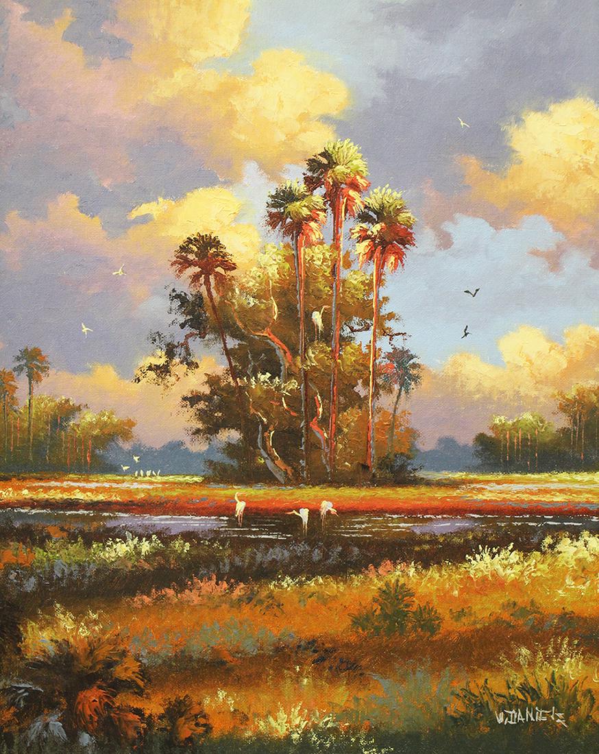 WILLIE DANIELS HIGHWAYMEN PAINTING: Willie Daniels (b.1950) Highwaymen painting of a colorful Florida backwoods scene with palm trees & birds. Signed lower right. 20" x 16" on board & 25" x 21" w/ frame.