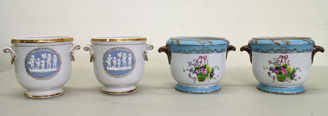 (4) BOTTLE COOLERS: Two pairs of bottle coolers or cachepots. Two with cameo medallions. 5 1/4" tall.