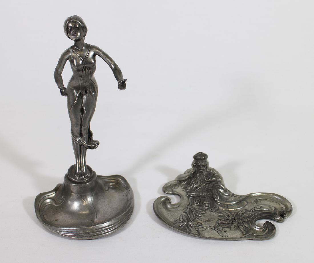 ART NOUVEAU SYLE PEN HOLDER & NEW ORLEANS CARD HOLDER: Art Nouveau lady pen holder or business card holder marked E.P.U. Europe 8.5" tall and a New Orleans Hotel Intercontinental tray by American Sterling Pewter that measures 6"