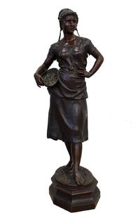 CHARLES SUAN "YOUNG FISHERWOMAN" BRONZE: Charles Georges Ferville Suan (1847-1925) French figural bronze sculpture of a young woman holding a basket of shrimp standing barefoot on an octagonal base. Signed in front of sculpture. 3' 3" tall.