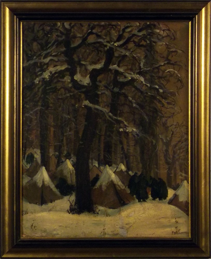 OIL: SOLDIERS IN WINTER CAMP. Oil of forest scene. Brown, black, cream. 25 x 20 in. Framed. Donated by A Friend of Art Collection Twelve.