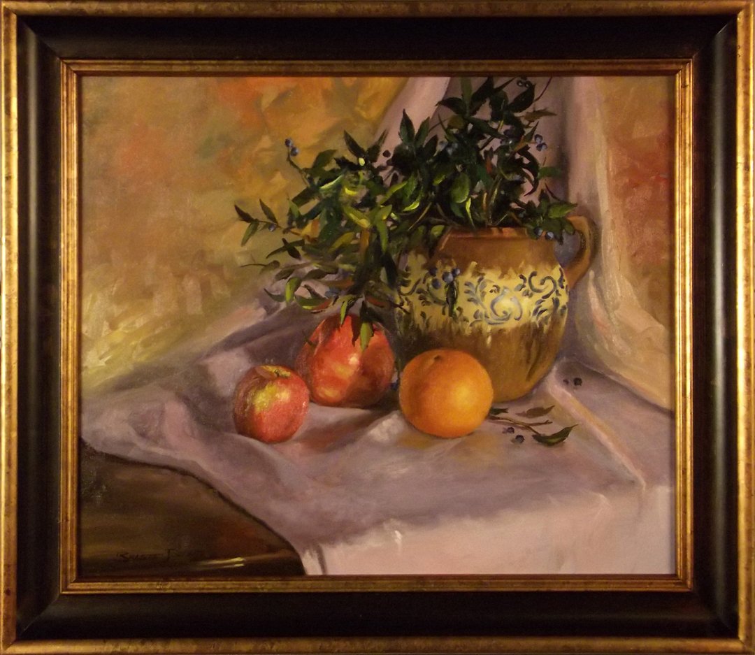 SMITH OIL: STILL LIFE: PITCHER AND FRUIT. Oil still life. Multi-colored. Signed. 26 x 30 in. Framed. Donated by Jack Smith Studio & Gallery.