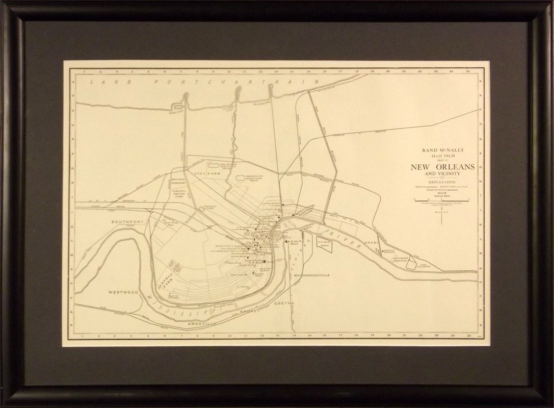 RAND MCNALLY MAP: UNTITLED. Map of New Orleans railroads. Black, white. 19 x 25 in. Framed. Donated by Boundless Shipping.