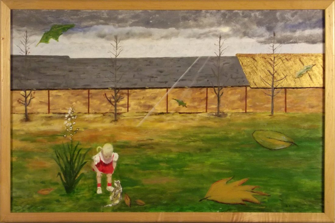 ALLEE ACRYLIC: WHO ATE THE TREES KITTY? Acrylic of yard scene. Green, tan, red. Signed. 23 x 34 in. Framed. Donated by Norma Allee.