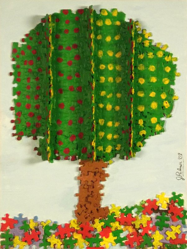 793 - Palmer Mixed Media: APPLE & LEMON TREE. Mixed media of tree. Green, red, yellow. Signed. Dated `08. 16 x 12 in. Gallery wrapped. Donated by John Palmer.